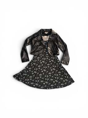 Knitworks Girls 2-Piece Black Floral Sleeveless Dress and Faux Leather Jacket Se